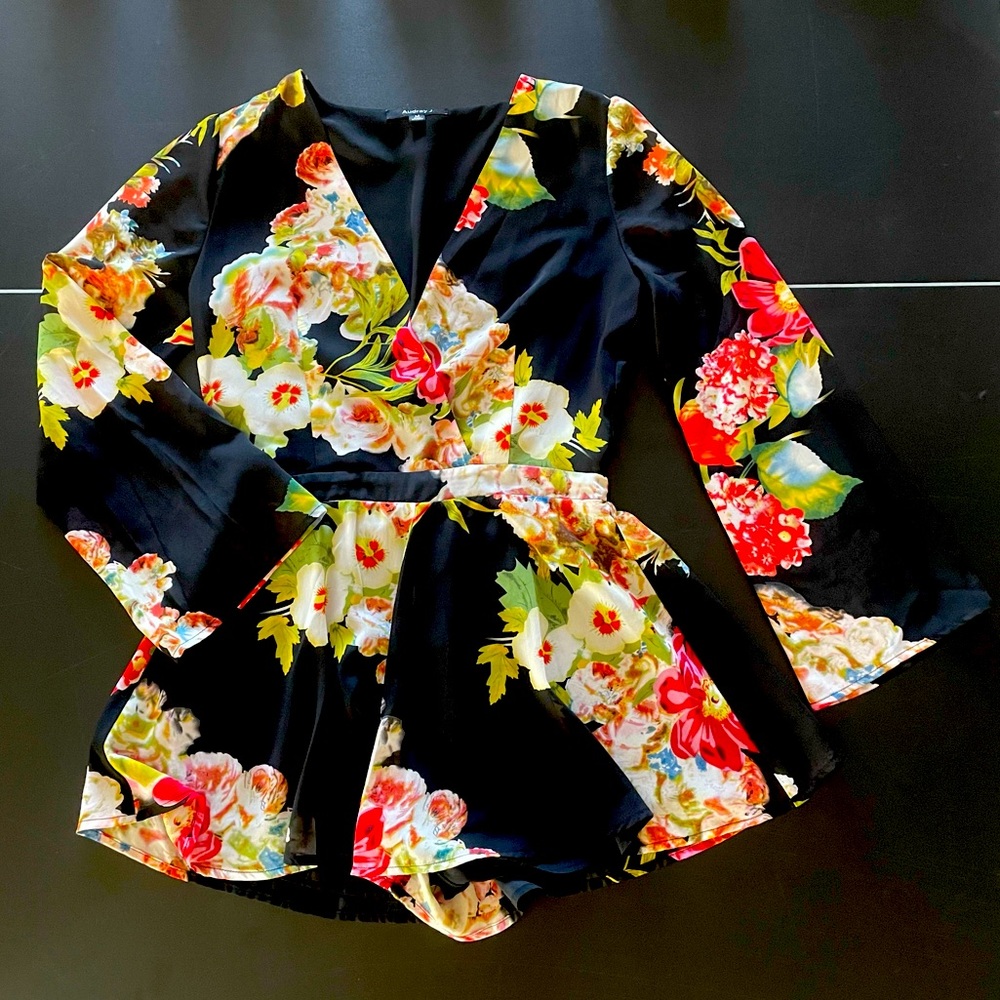 Black floral long sleeve romper